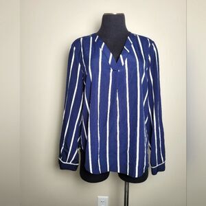 Navy White Striped Blouse V-Neck Long Sleeve Rounded Hem Nautical Preppy Medium